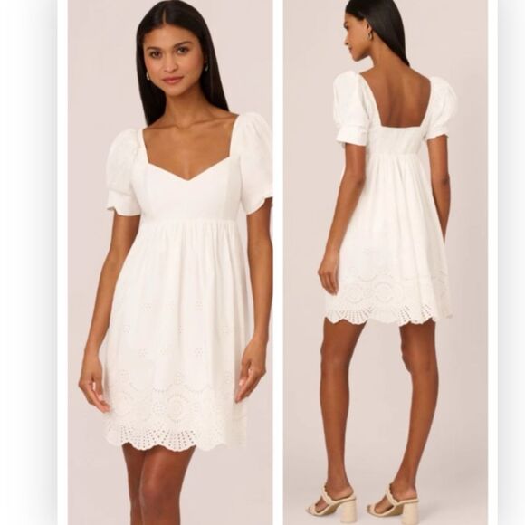 Adrianna Papell AD3D105543 Ivory Cotton Eyelet Puff Sleeve Fit & Flare Dress 14 - Picture 1 of 9